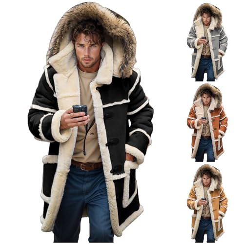 evzosrz Mens Shearling Jackets with Hood Faux Leather Sherpa Lined Fleece Coats Casual Winter Warm Trucker Long Trench Coat3
