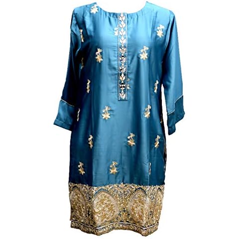 SUFIA FASHIONS Women Indian Pakistani Kurti Kurta Kameez Fancy Embroidered Party Silk Tunic Tops Ethnic Dress Lace Long Kurtas UK (Teal, M 40" (UK Size 12)) Cover