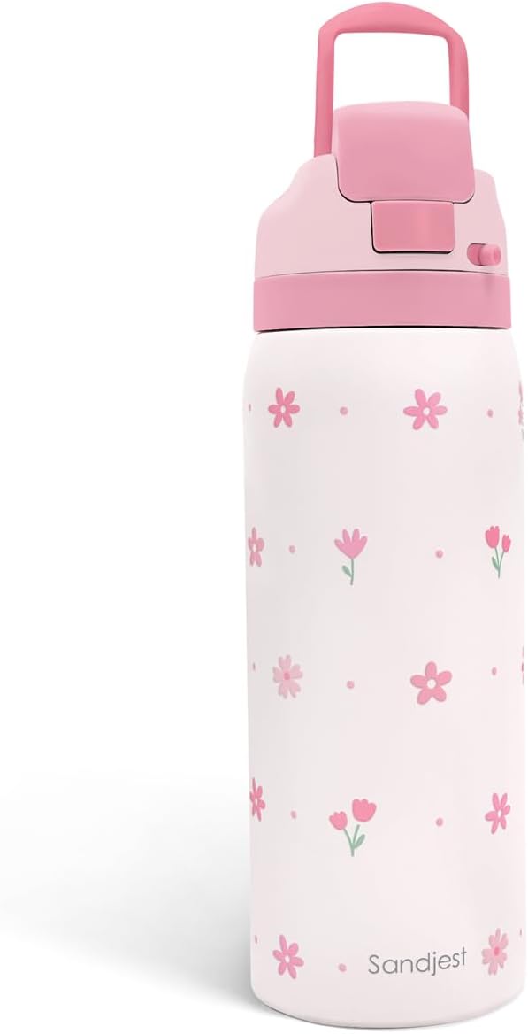 Floral Insulated Stainless Steel Water Bottle with Straw for Sports and Travel, 32oz, Gifts for Women Girls Friends Teens Birthday Christmas (Pink)