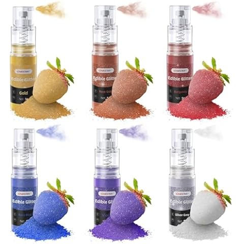 Cakestar Edible Luster Dust, 6 Colors Edible Glitter Spray, Edible Metallic Shimmer Dust Powder for Cake Decorating, Baking, Drinks, Fondant, Candy, Cookie, Strawberry, 5g/bottle Cover