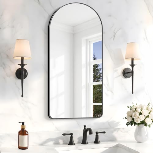 Image of BONEWEI Arched Wall Mirror,18x36 inch Black Arched Mirror Bathroom,Vanity Mirror for Over Sink Metal Frame,Tempered Glass Arch Mirrors for Bedroom,Entryway,Living Room,Home Decor Shatter-Proof