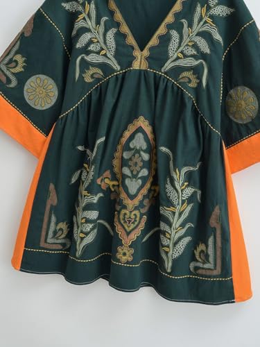 Image of Joiemont Womens Oversized Embroidered Dress with V-Neck and 3 /4 Sleeves Vintage Embroidery Babydoll Dress