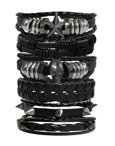 Lexaoyoo 6 Pcs Punk Rock Leather Studded Bracelets for Men Women Adjustable Braided PU Wristband 80s Skull Gothic Emo Accessories (Black 6 Pcs)