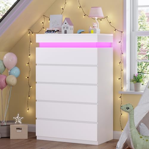 HAUOMS Tall 5 Drawer Dresser with LED Light, White Modern Chest of Drawers for Bedroom,Closet...