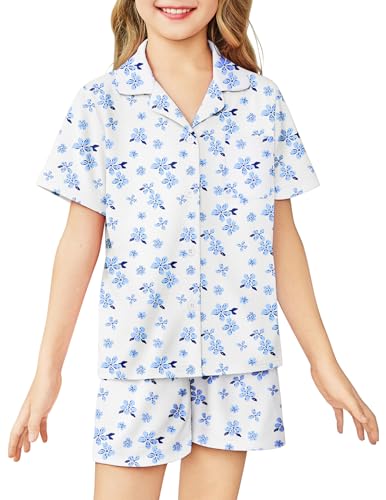 Image of Arshiner Girls Pajamas Sets Short Sleeve Kids Pjs Button Down Sleepwear | Cute Printed Pajamas for Little & Big Girl, Lightweight Comfy Fabric, 2-Piece Outfits, Perfect for Lounge Pajamas Party