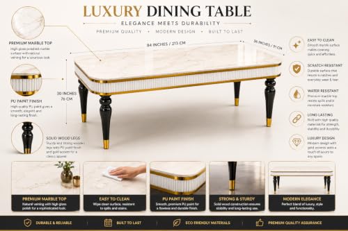 Image of 8 Seater Dining Table Set with Nano Composite Marble Top, Solid Wood Base & 8 Upholstered Chairs, Modern Dining Table Set for Home & Dining Room Furniture