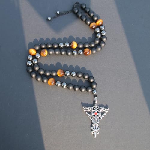 Triple Protection Healing Crystal Beads Necklace, Black Obsidian Tiger Eye and Hematite Beads Jewelry Christmas Gifts for Him4