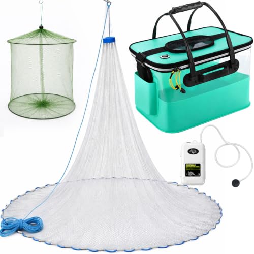 Relaxgiant 3 Pcs Fishing Bucket Live Bait Aerator and Fishing Cast Net with Heavy Duty Sinker Foldable Live Bait Bucket Portable Quiet Aerator 4 Gallon Fish Transport Container Outdoor EVA Bag(Blue)
