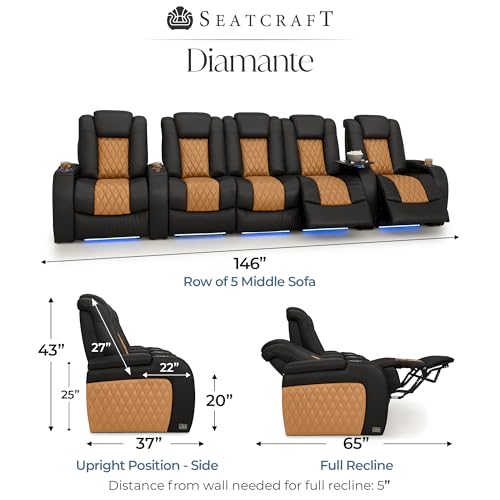 Image of Seatcraft Diamante Black /Tan Oak Italian Leather Home Theater Seating, Zero Gravity Power Recliner, Gaming and Home Office Chair, Powered Headrest Furniture for Cinema Room, Row of 5 Middle Sofa