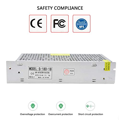 Hailimayo 18V 10A Switching Power Supply, 180W Corded Electric Transformer, Industrial Automation, Electronic Equipment, Communications, CE, RoHS2