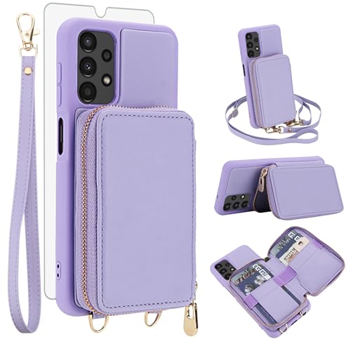 Coque Samsung Galaxy A13 portefeuille avec protection écran en verre et dragonne violette