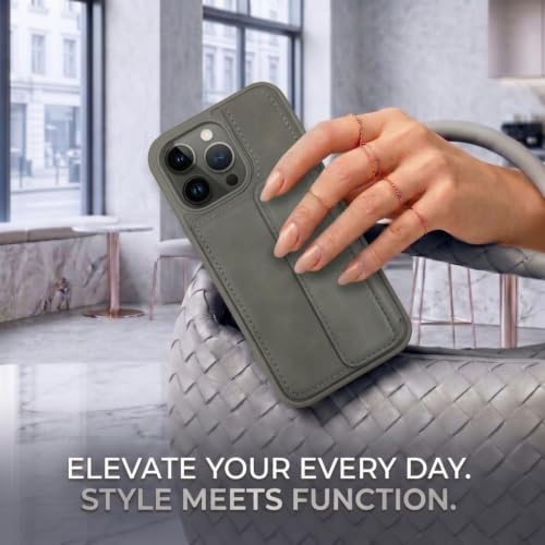 Image of amazon basics Luxury Vegan Leather Back Cover for iPhone 13 Pro | Built-in Card Holder Slot | Integrated Mobile Stand | Slim Shockproof Protective Case with Stitched Finish - Gray