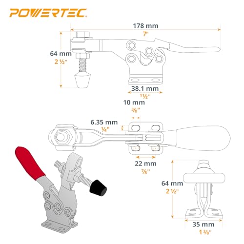 Image of POWERTEC 1PK Toggle Clamp, 500 lbs Holding Capacity, 225D Quick Release Horizontal Clamps w / Antislip Rubber Pressure Tip for Woodworking Jigs and Fixtures, Welding, Drill Press, Crosscut Sled (20301)