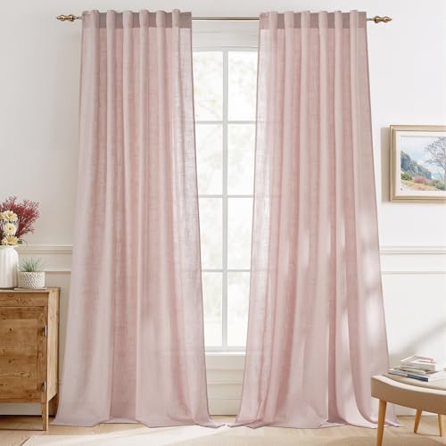 StangH Textured Linen Pink Curtains 84 inches Long, Thick Light Filtering Farmhouse Window Drapes...
