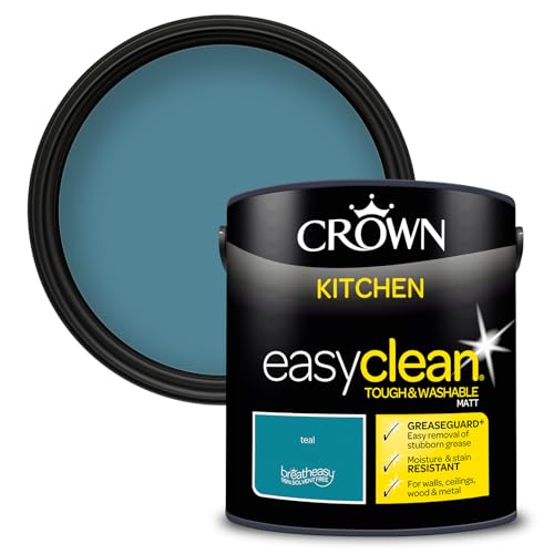 CROWN Teal - Anti Mould Kitchen Paint - Washable, Grease & Steam Resistant - Rich True Teal Paint - 2.5L