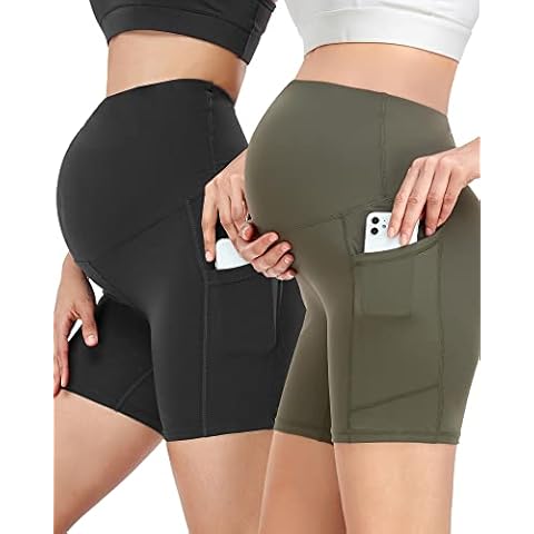 HOFISH Women's Maternity Biker Yoga Shorts Over The Belly Summer Running Active Maternity Bike Shorts with Pockets, Yoga Shorts01: Black&army Green, M Cover