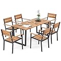 RELAX4LIFE 7-Piece Outdoor Dining Set - 69’’ Rectangular Acacia Wood Table w/6 Stackable Chairs & Metal Frame, Patio Furniture Set with Umbrella Hole for Garden Porch, Patio Table and Chairs Set for 6