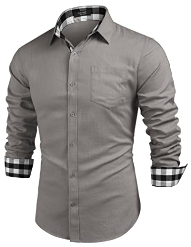 Coofandy Men's Casual Linen Dress Shirt Plaid Collar Long Sleeve Button Down Shirt Grey #TOP1