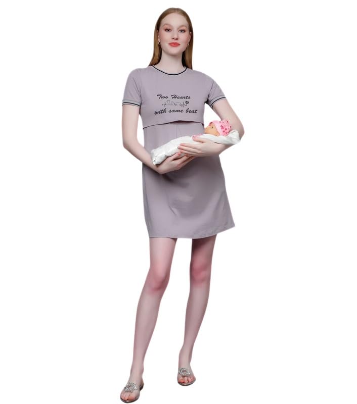 True Shape Feeding Kurtis for Women Cotton | Knitted Hosiery Zipless Maternity Nighty Kurta with Breastfeeding Access & Side Pockets for Pre & Post Pregnancy(TSH-011-XL, Light Grey)