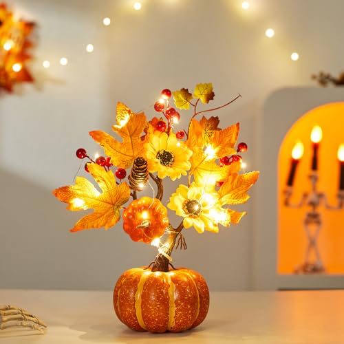 Lovskoo Fake Pumpkin Decor, Pumpkin Tree Light Fall Centerpieces for Tables