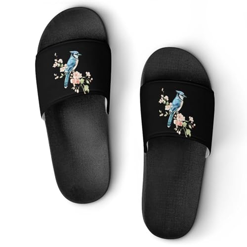 Watercolor Blue Jay with Flowers Non Slip Slides Sandals for Women Men Quick Drying Shower Shoes for Bathroom Pool Beach