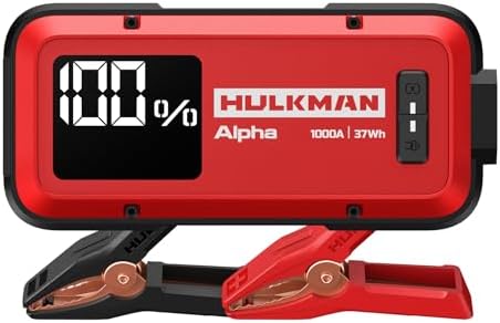 Hulkman Alpha, Ultra Red, 1000A 37Wh Battery Jumper Starter Portable, 12V Modern Car Jump Box with Jumper Cables, for 6.5L Gas/3.0L Diesel Engines, 65W Fast Charging, IP65 Rated, Large LED Display
