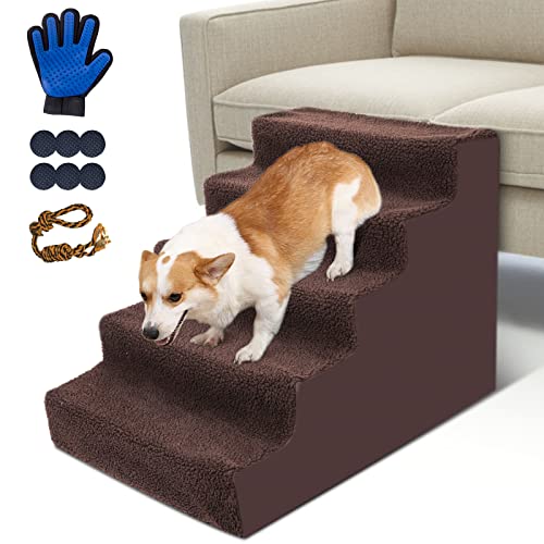 Almcmy Haustiertreppe, 5 Ebenen, rutschfest, Kunststoff, 50 cm hoch, für verletzte Katzen und Hunde, zum Klettern, unterstützt bis zu 22,7 kg et Handschuhe Cover