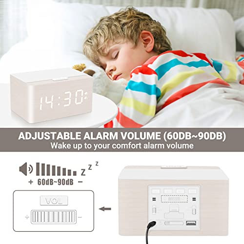 Bebcoo Digital Wooden Alarm Clock With 10W Fast Wireless Charging, Dual Alarm With Weekday/Weekend, Stepless Dimmer, Snooze, 12/24H, Usb Charging Station, Wood Led Clock For Bedroom/Office (White) #TOP5