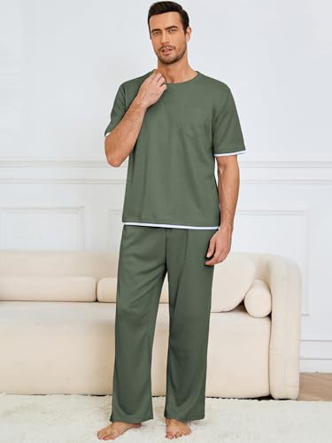 Andeip Mens Pajamas Set Waffle Crew Neck Loungewear Cozy Sleepwear Short Sleeve Top and Long Pants Pj Set with Pockets2