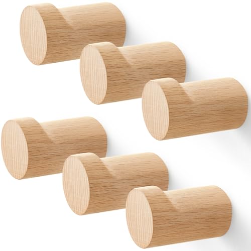 WOVRAN Wood Wall Hooks for Hanging, 6 Pack Rustic Coat Hooks Wall Mount, Handmade Wooden Pegs Hat Hook, Entryway Walls Hanger for Coat Purse, Boho Bathroom Towel Rack (Beech Wood) by WOVRAN - Used condition - US$18.99