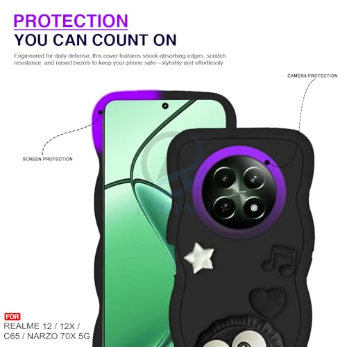 Image of AESTMO Back Case Cover for Realme 12 / 12X / C65 / Narzo 70X 3D Cute Fun Cartoon Characters | Anti Slip Grip Cute Wave Curly Frame Shape | Back Cover for Realme 12 / 12X / C65 / Narzo 70X (Black)