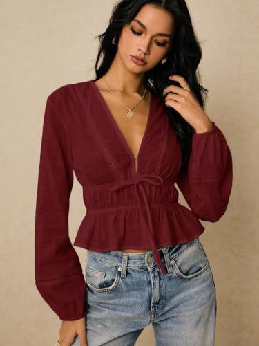 Image of Shasmi Women's Solid Deep V Neck Cotton Long Bishop Sleeve Drawstring Waist Ruffle Hem Peplum Top | Blouse | Casual Boho Cottagecore Shirt for Office, Vacation & Daily (Top 304)