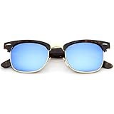 zeroUV - Premium Half Frame Colored Mirror Lens Horn Rimmed Sunglasses 50mm (Tortoise-Gold / Blue Mirror)