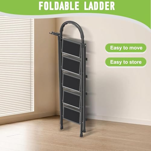 Image of BESTONE Foldable Step Ladder, Sturdy Steel Folding Stool with Wide Anti-Slip Pedals for Home, Kitchen, Garden & Office(Black ) (5 steps)