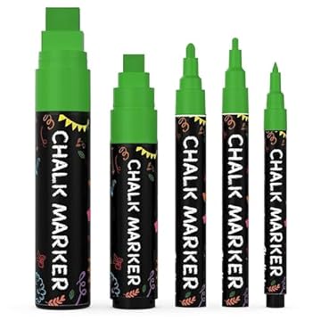 5 Green Chalkboard Chalk Pens - Green Dry Erase Markers for Blackboard, Chalkboard Signs, Windows, Glass | Variety Pack - Fine & Jumbo Size Ink Pen (1mm, 3mm, 6mm, 10mm, 15mm)