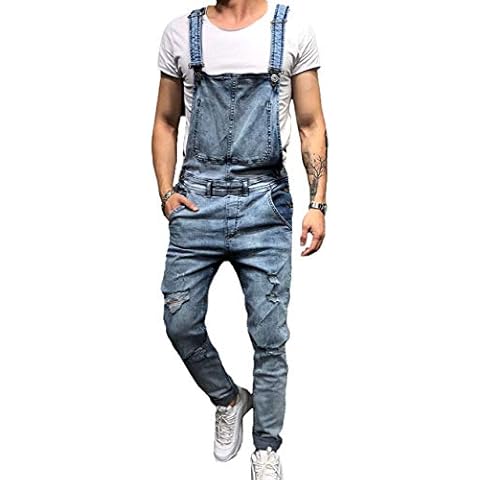XARAZA Men's Slim Fit Ripped Denim Overalls Casual Bib Pants Jumpsuit (L, Blue) Cover