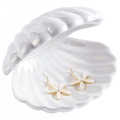 Denique Shell Jewelry Dish Tray, Ceramic Trinket Tray Clamshell Jewelry Storage Dish, Ring Holder Dish Key Bowl, Decorative Jewelry Plate, Cute Jewelry Organizer for Room Decor (White)