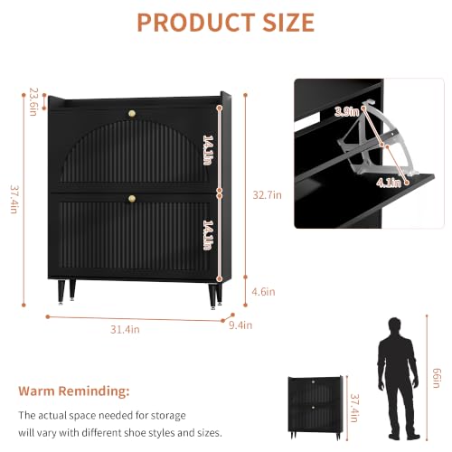 Image of Shoe Storage Cabinet with 2 Flip Drawers, Shoe Organizer Storage with Adjustable Shelves, Freestanding Hidden Slim Narrow Shoe Rack Cabinet for Entryway, Foyer, Hallway, Living Room (Black)