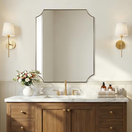 ANDY STAR 24x30 Inch Gold Mirror Bathroom Vanity Mirrors Antique Champagne Bronze Mirror with Rustproof Stainless Steel Thin Frame Aesthetic Scalloped Corners Designed for Bathroom Remodel