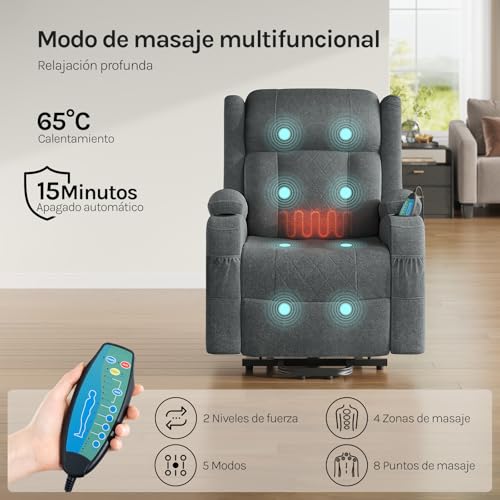 Miniatura 6 de Woltu Sillón Reclinable Eléctrico, Sillón Relax De Masaje Con Ayuda Para Levantarse, Con Calefacción De Masaje, Reposapiés, Bolsillos, Portavasos, Puerto Usb, Tela De Rizo, Gris, Sks61gr