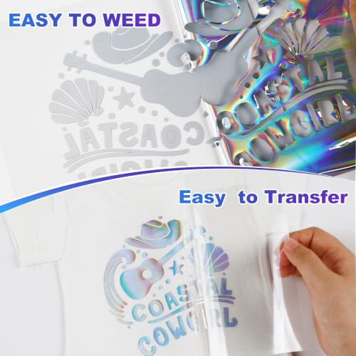Image of HTVVETUR Holographic Heat Transfer Vinyl 12 Inch x 5ft Metallic Rainbow HTV | Iridescent Laser Heat Press Vinyl, Easy Weed Iron On Vinyl for T Shirts, Canvas Bags, Hats, Pillows DIY Custom Clothing