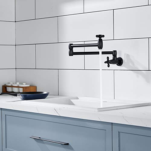 Kruzoo Pot Filler Kitchen Faucet Solid Brass Folding Wall Mount Stretchable Double Joint Swing Arm Single Hole 2 Handles Extending Arm，Matte Black #TOP7