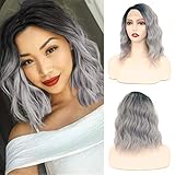 Nil Ombre Grey Color Synthetic Wigs for Women 2 Tone 14” Curly Wavy Short Bob Wig Heat Resistant Hair Shoulder Length Side Parting Natural Hairline Half Hand Made