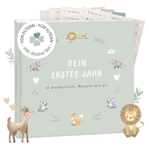 mintkind® Mein erstes Jahr Babyalbum Salbei – sanftes Babytagebuch mit 176 Seiten und Sticker-Set für ruhige Erinnerungen im ersten Lebensjahr, hochwertiges Hardcover 21 x 21 cm