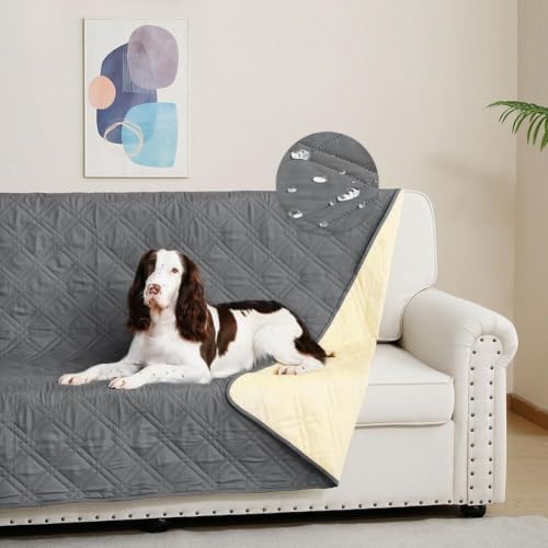 DUJUIKE Wasserdichter Sofabezug für Hunde, 100% wasserdichte Hundedecke, Sofaschutz, Bettdecke mit Antirutschpartikeln, Möbelschutz für Hunde, Katzen und Haustiere (Grau, 132-208cm