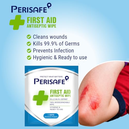 Image of PERISAFE First Aid Antiseptic Wipes | Individually wrapped | 3-in-1 on the go wipe | Kills 99.9% germs | 100% Biodegradable | Hygienic & ready to use | Cleans wounds & Prevents infection| 25 wipes Box