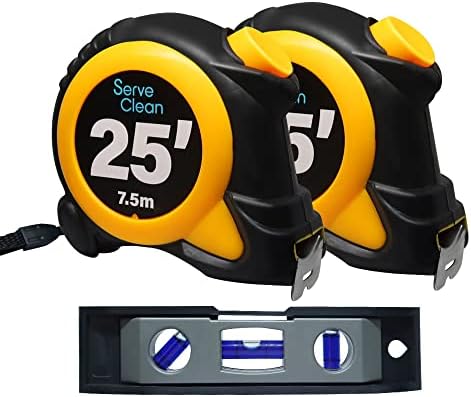 Serve Clean Automatic Lock 25 Ft / 7.5 Meter Measuring Tape (2 Pack) Includes one 6" Torpedo Level