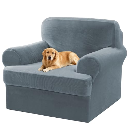 Covers With Arms Thick Velvet Couch Cover Stretch T Cushion Sofa Covers For Living Room Chair Cover With Individual T Cushion Covers , Washable (1 Cushion Chair, Stone Blue)
