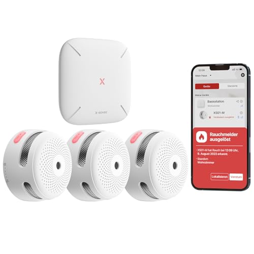 X-Sense Smart Rauchmelder XS01-M mit SBS50 Basisstation Zertifiziert nach EN 14604 Funkrauchmelder mit WLAN vernetzbarer Feuermelder kompatibel mit der X-Sense Home Security App FS31 3 Stück
