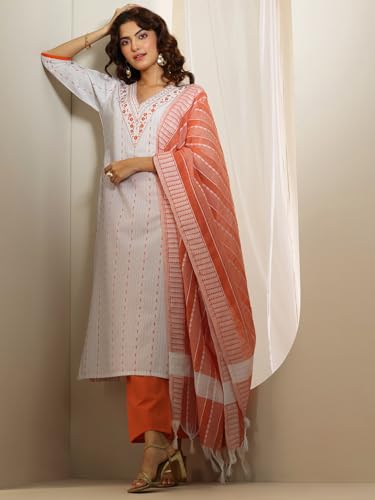 Image of Libas Woven Design Cotton Blend Straight Kurta With Trouser and Dupatta